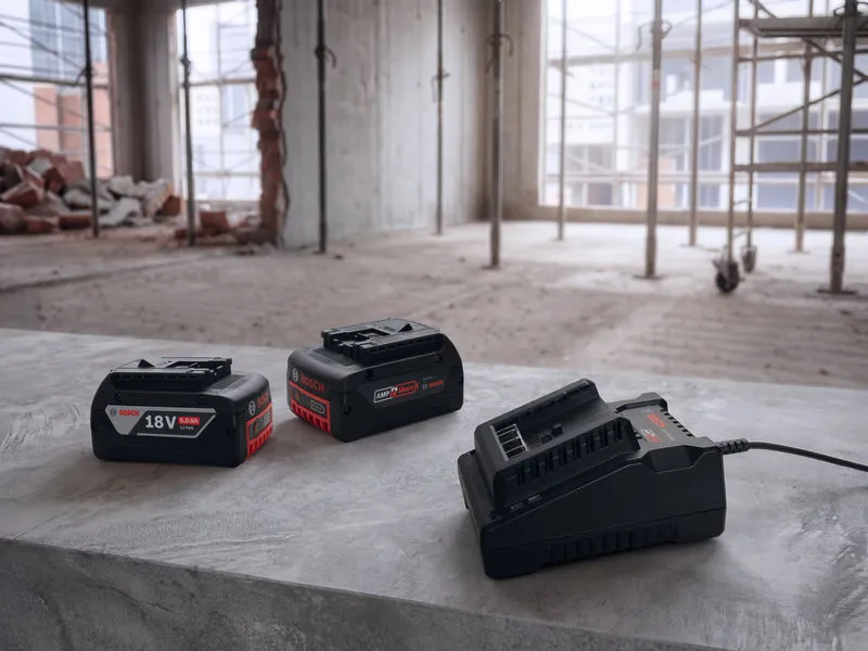 Deux batteries d'outils électriques et un chargeur sur une surface en béton sur un chantier de construction.