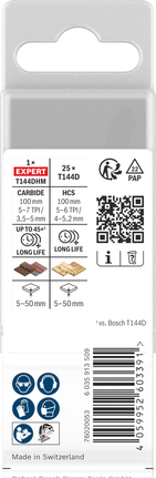 Jeu de lames de scie sauteuse Bosch EXPERT Hardwood Fast T144DHM, 26 pièces.