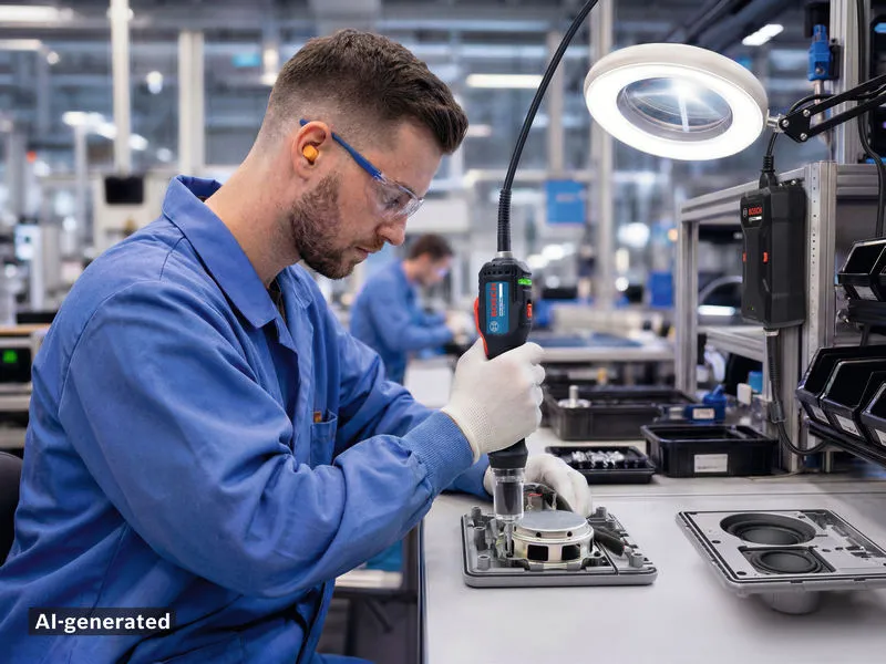 Une personne portant un équipement de sécurité utilise un outil électrique pour assembler une pièce mécanique à un poste de travail.