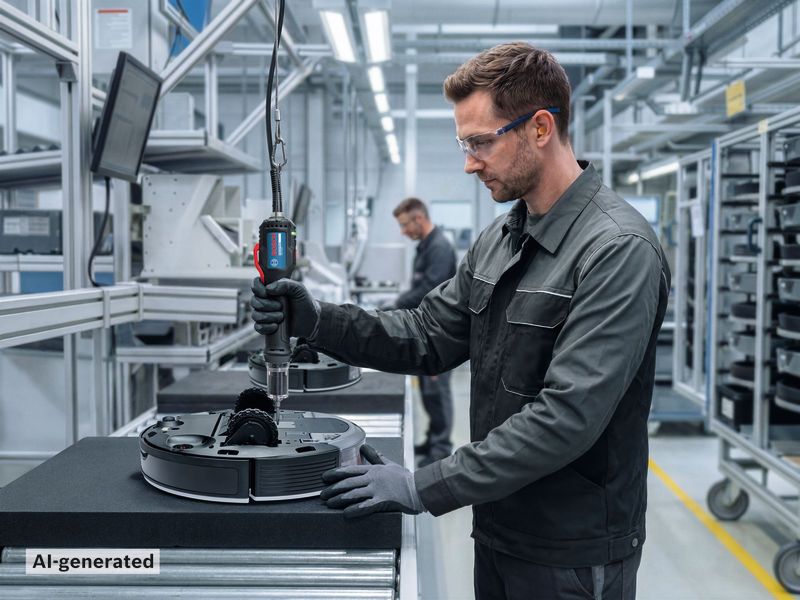 Une personne portant un équipement de sécurité utilise un tournevis électrique sur un aspirateur robot dans une usine.
