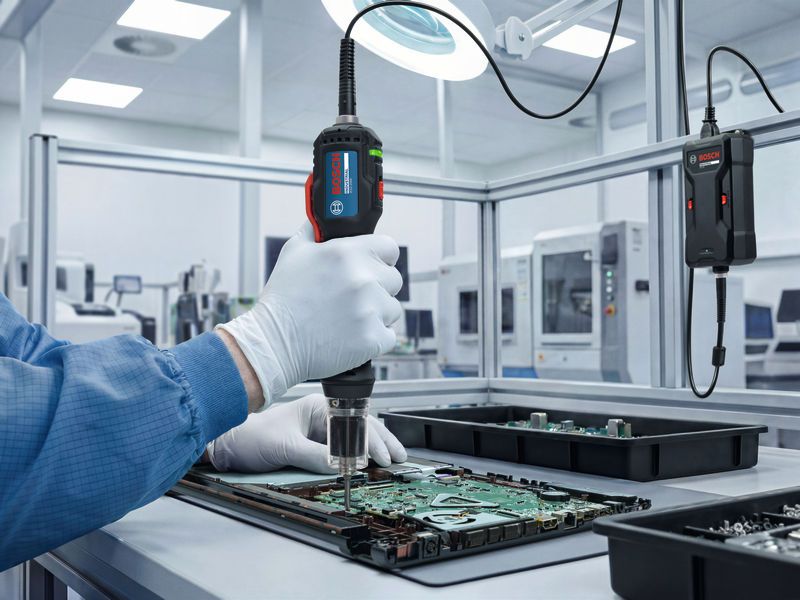 Une personne portant un équipement de sécurité utilise un outil électrique pour assembler des composants électroniques sur une carte de circuit imprimé.