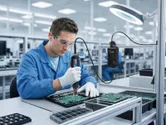 Une personne portant un équipement de sécurité assemble des cartes de circuits imprimés électroniques à l'aide d'un outil portatif.