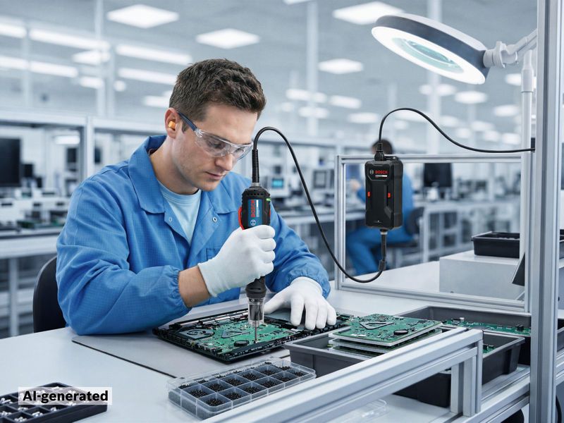 Une personne portant un équipement de sécurité utilise un outil électrique pour assembler des cartes de circuits imprimés.