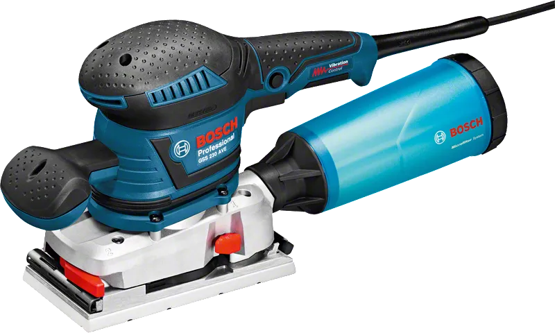 Levigatrice orbitale Bosch GSS 230 AVE con contenitore per la polvere.