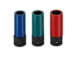 Set di bussole a percussione Bosch da 17 mm, 19 mm e 21 mm con codice colore.