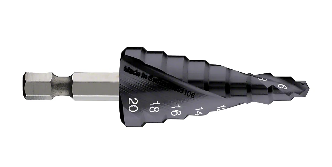 Punta da trapano a gradini Bosch HSS-TiN per fori da 4 a 20 mm.