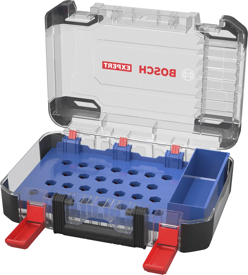 Valigetta vuota per set di seghe a tazza Bosch con inserto blu.