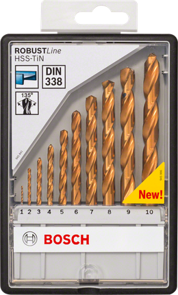 Set di punte per metallo HSS-TiN Bosch da 10 pezzi, 1–10 mm.