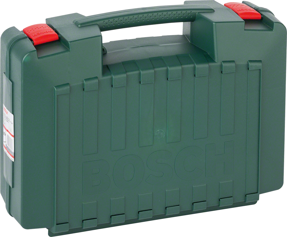 Valigetta in plastica Bosch K con maniglia e chiusure rosse.