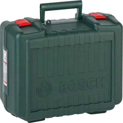 Valigetta portautensili Bosch in plastica con chiusure e maniglia rosse.