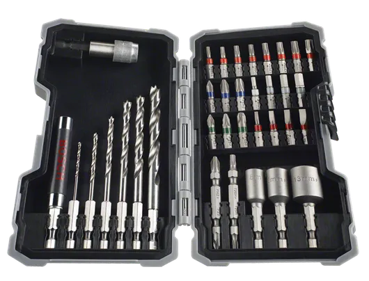 Set di 35 punte per trapano e cacciavite Bosch in acciaio rapido (HSS) con custodia.