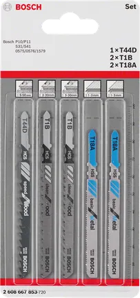 Set di lame per seghetto alternativo Bosch da 5 pezzi con attacco a T per legno e metallo.
