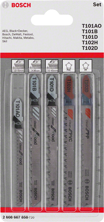 Set di 5 lame per seghetto alternativo Bosch con attacco a T, adatte per legno e plastica.