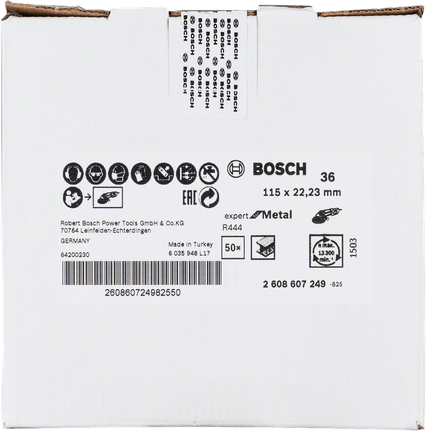 Disco abrasivo in fibra Bosch R444 115×22,23 mm per metallo.