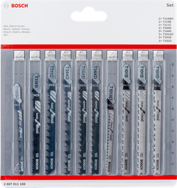 Set di 10 lame per seghetto alternativo con attacco a T Bosch per legno.