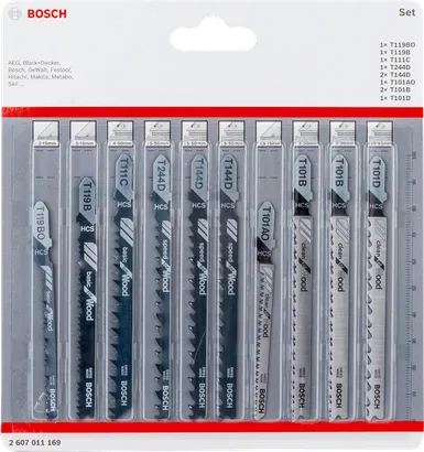 Set di 10 lame per seghetto alternativo con attacco a T Bosch per legno.
