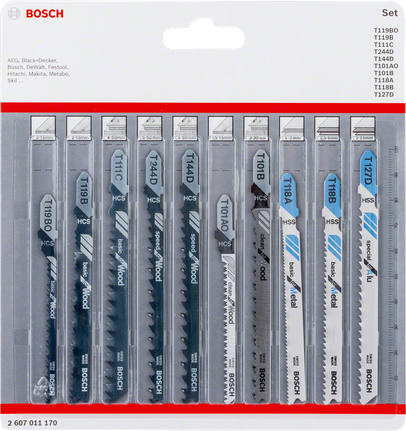 Set di 10 lame per seghetto alternativo Bosch per legno e metallo.