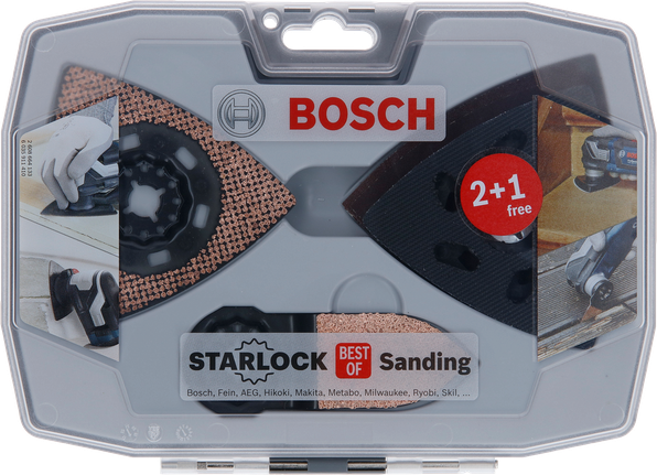 Set di levigatura Starlock Bosch con lama in metallo duro e piastre abrasive.