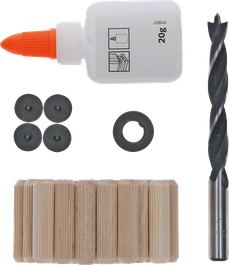 Set di 27 tasselli in legno Bosch da 10 mm con trapano e colla.