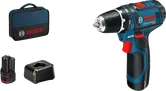 Set trapano avvitatore a batteria Bosch GSR 12V-15 con batteria e caricabatteria.