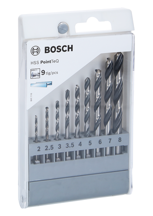 Set di punte esagonali HSS PointTeQ Bosch da 9 pezzi, 2–8 mm.
