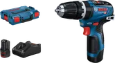 Set trapano avvitatore a batteria Bosch GSB 12V-35 con batteria e valigetta.