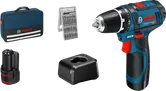 Set trapano avvitatore a batteria Bosch GSR 12V-15 con valigetta e accessori.
