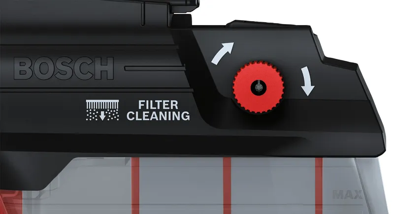 Aspiratore Bosch GDE 28 D con manopola per la pulizia del filtro.