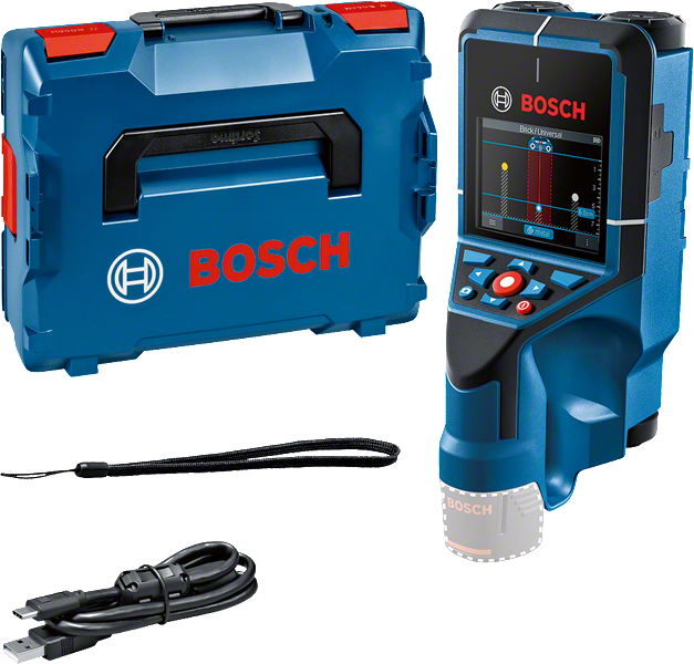 Scanner da parete Bosch D-Tect 200 C con custodia e cavo.