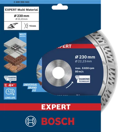 Disco da taglio diamantato Bosch EXPERT MultiMaterial 230×22,23×2,4×15 mm.