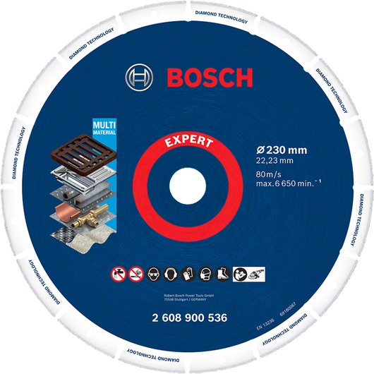 Disco da taglio diamantato multi-materiale Bosch Expert da 230 mm.