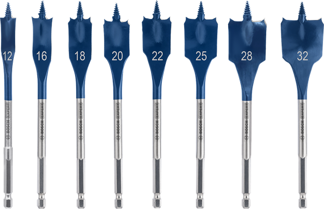 Set di punte piatte Bosch con misure da 12 a 32 mm.