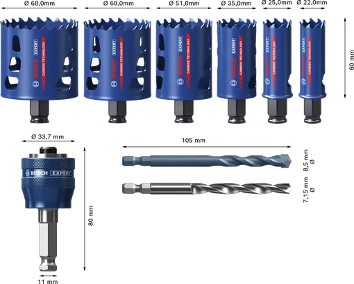 Set di seghe a tazza multimateriale Bosch EXPERT da 9 pezzi.
