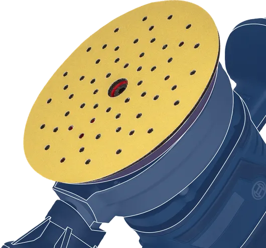 Levigatrice orbitale elettrica con disco abrasivo forato montato.