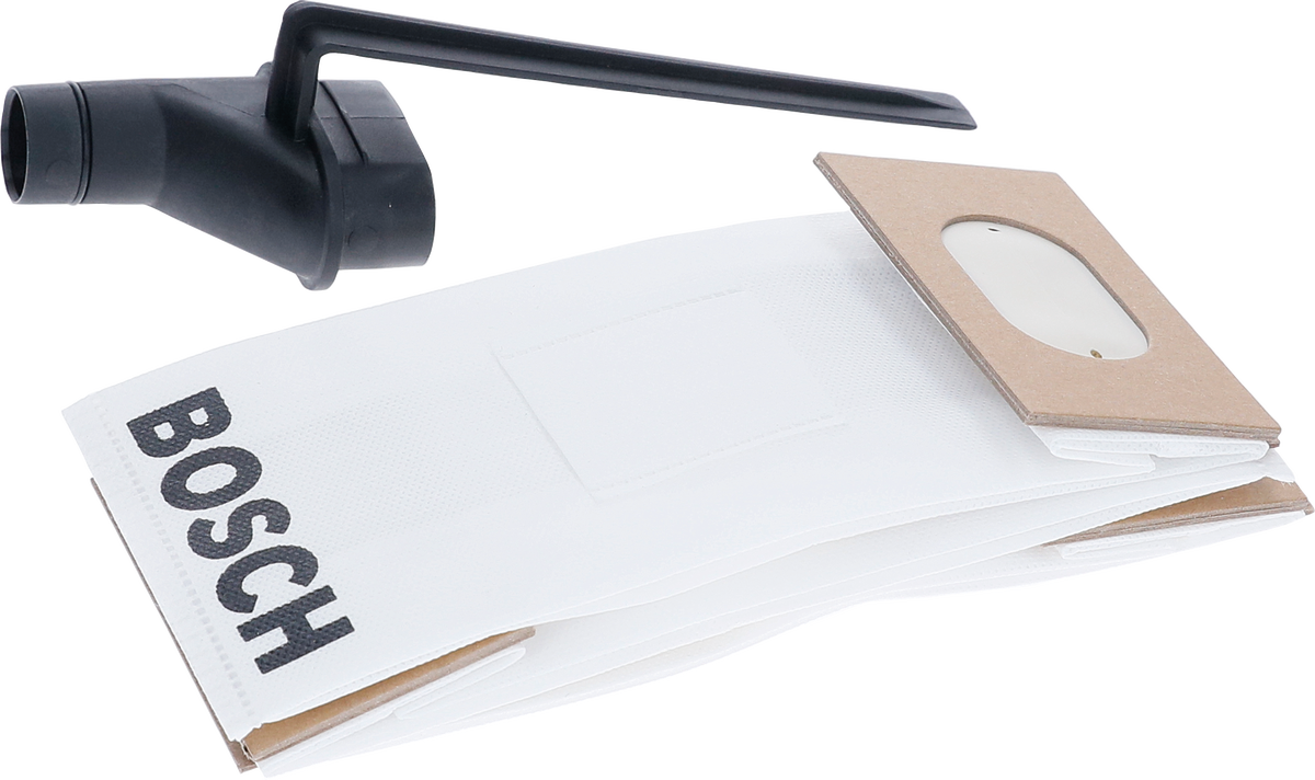 Sacchetto raccoglipolvere Bosch con connettore per un'efficiente aspirazione della polvere.