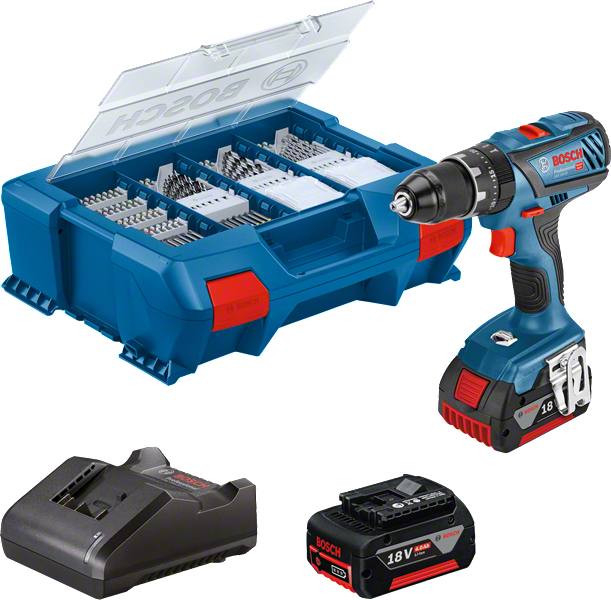 Set trapano avvitatore a batteria Bosch GSB 18V-28 con accessori.