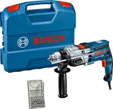Set di trapani Bosch GSB 20-2 con impugnatura laterale e valigetta per il trasporto.