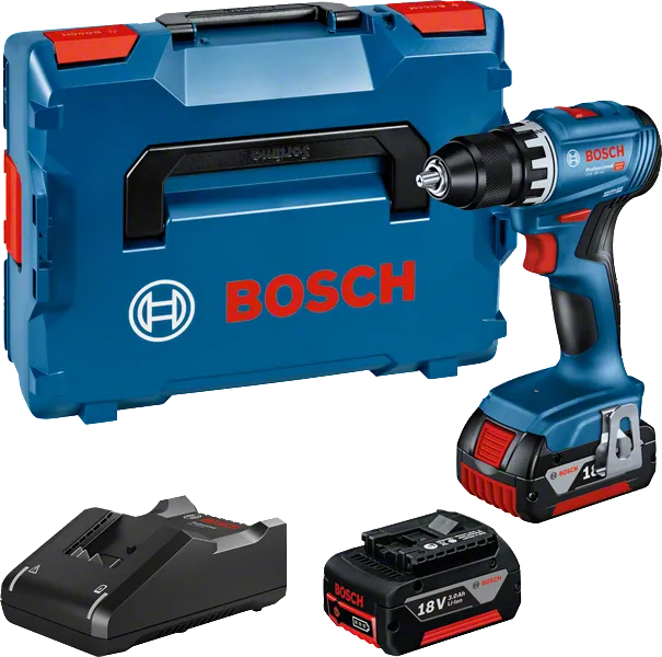 Set trapano avvitatore a batteria Bosch GSR 18V-45 con batteria e valigetta.