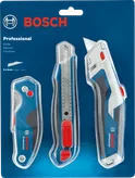 Set di coltelli Bosch da 3 pezzi, lame multiuso e lame a spezzare.