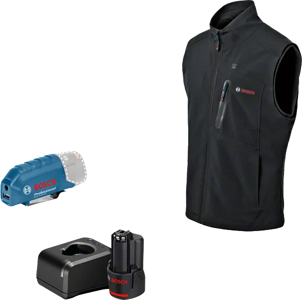 Kit gilet riscaldato Bosch con batteria e caricabatteria.