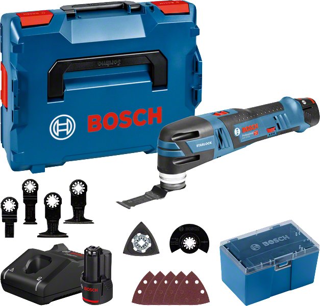 Set multiutensile a batteria Bosch GOP 12V-28 con accessori.