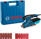 Levigatrice orbitale Bosch GSS 23 AE con valigetta e fogli abrasivi.