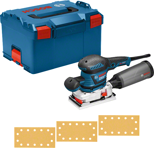 Levigatrice orbitale Bosch GSS 230 AVE con contenitore polvere e valigetta.