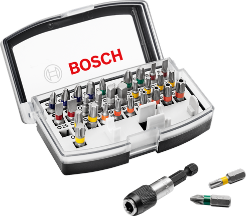 Set di 32 punte per cacciavite Bosch con portapunte a cambio rapido.