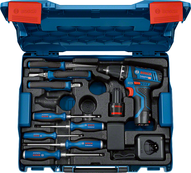 Kit combinato Bosch GSR 12V-15 Professional con utensili manuali.
