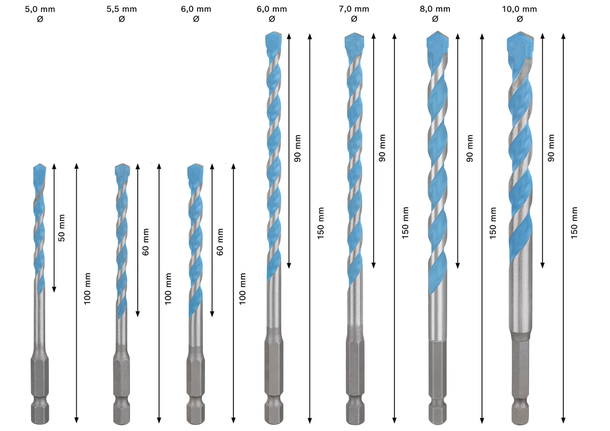 Set di punte per trapano multi-costruzione Bosch EXPERT HEX-9, 7 pezzi.