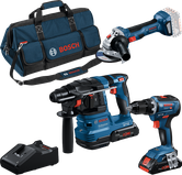 Kit combinato Bosch da 18 V con trapano, martello perforatore, smerigliatrice angolare, caricabatteria e borsa.