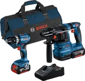 Kit combinato Bosch da 18 V con trapano, martello perforatore, caricabatteria e borsa.