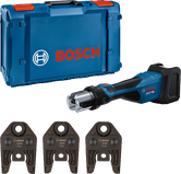 Kit di pressatura Bosch 18V-32 con tre ganasce di pressatura.