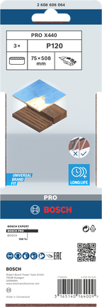 Nastro abrasivo Bosch PRO X440 75×508 mm G120 3 pezzi.